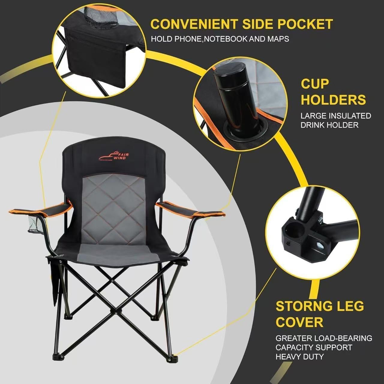 FAIR WIND 2 Pack Fully Padded Camping Chair 350LBS Capacity Heavy Duty Portable Chair with Cup Holder &Side Pocket Lawn Chair for Outside, Tailgating,Beach, Sports