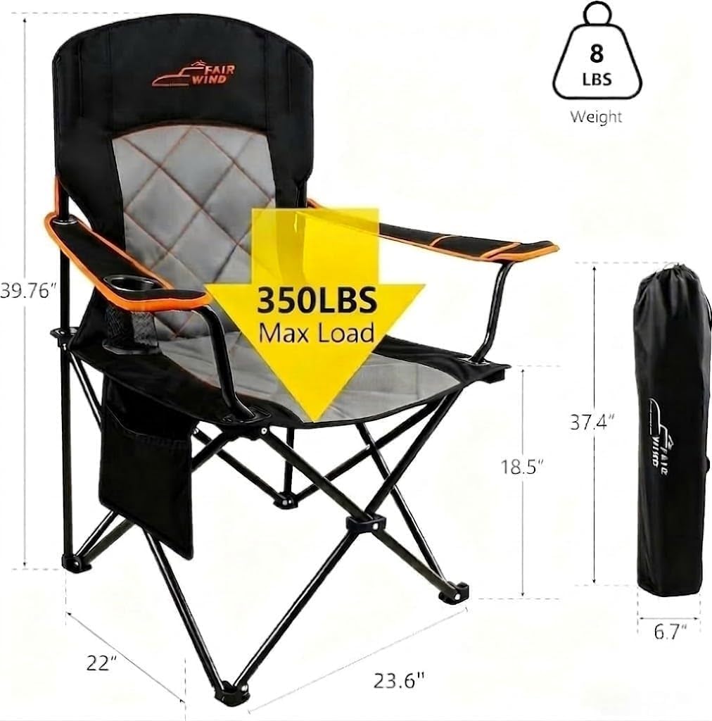 FAIR WIND 2 Pack Fully Padded Camping Chair 350LBS Capacity Heavy Duty Portable Chair with Cup Holder &Side Pocket Lawn Chair for Outside, Tailgating,Beach, Sports