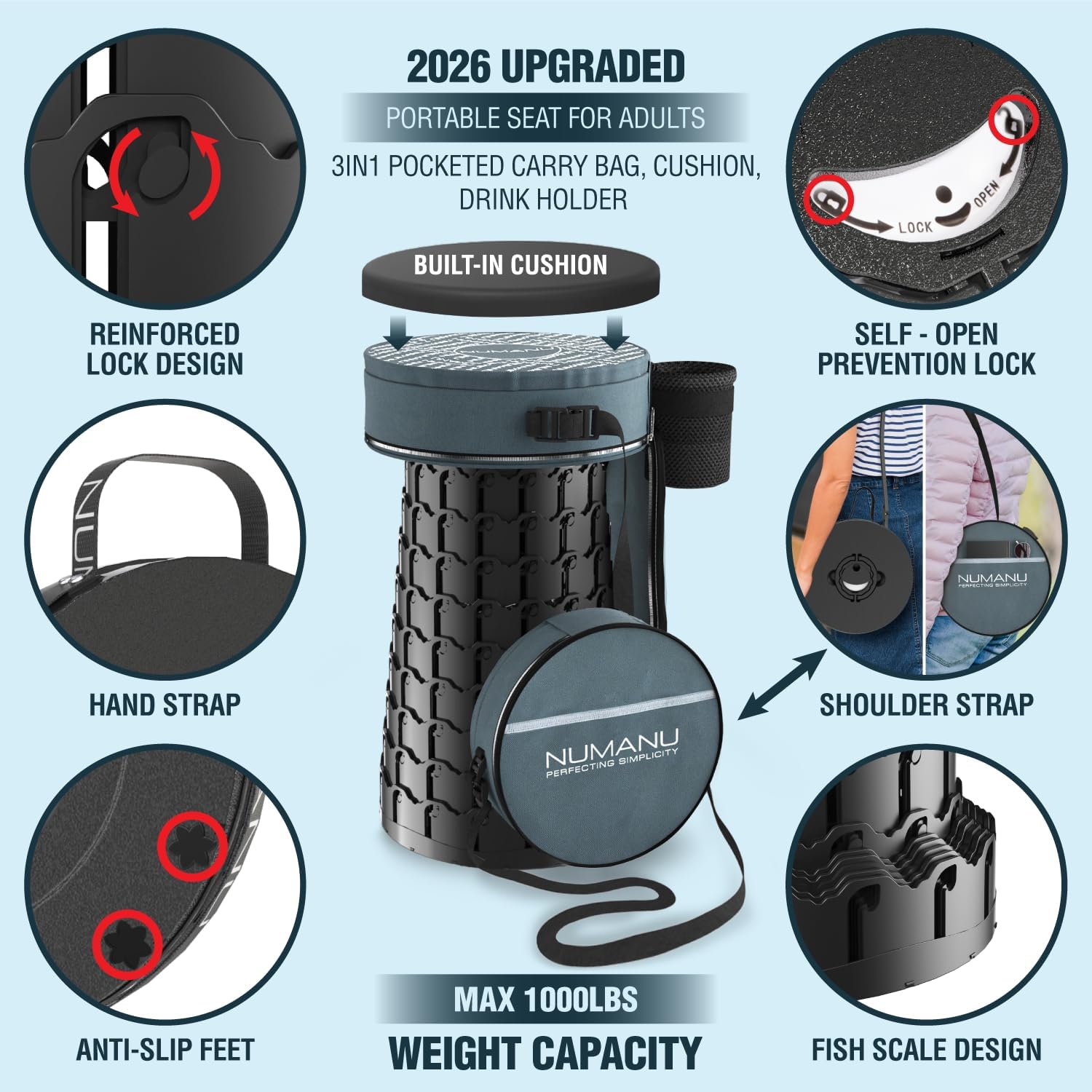 NUMANU 2026 Upgraded XXL Collapsible Stool & 3IN1 Cushioned Carry Bag, 2.7"-19.7" Height Adjustable, Max 1,000lbs Portable Retractable Telescoping Seat, Foldable Camping Stool for Adults (XXL Round)