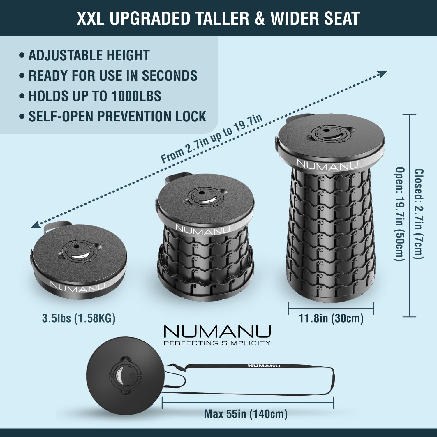 NUMANU 2026 Upgraded XXL Collapsible Stool & 3IN1 Cushioned Carry Bag, 2.7"-19.7" Height Adjustable, Max 1,000lbs Portable Retractable Telescoping Seat, Foldable Camping Stool for Adults (XXL Round)