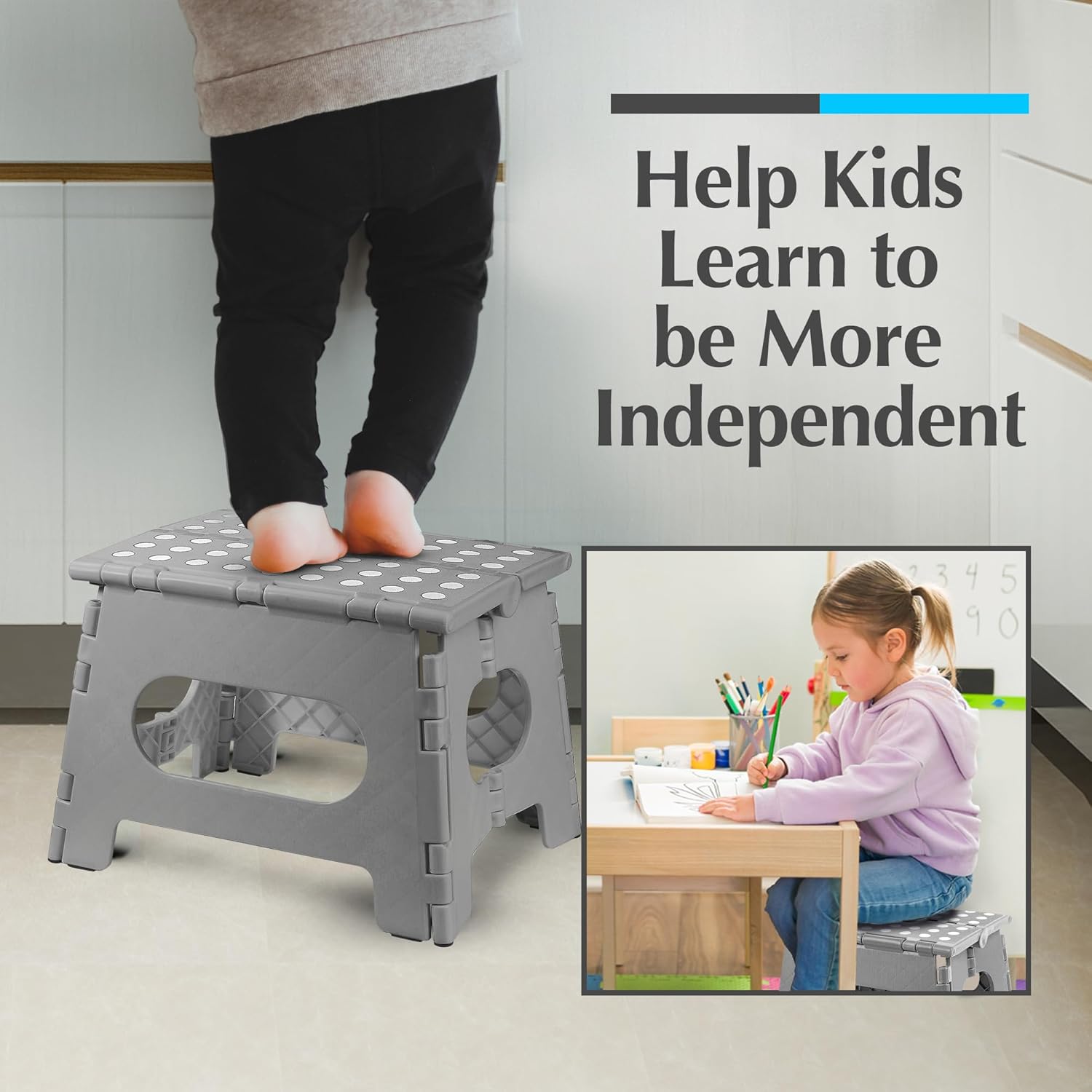Handy Laundry Folding Lightweight Step Stool - Sturdy Enough to Support Adults and Safe Enough for Kids - Opens Easy with One Flip - Great for Kitchen, Bathroom or Bedroom (Gray - 8 Inch)