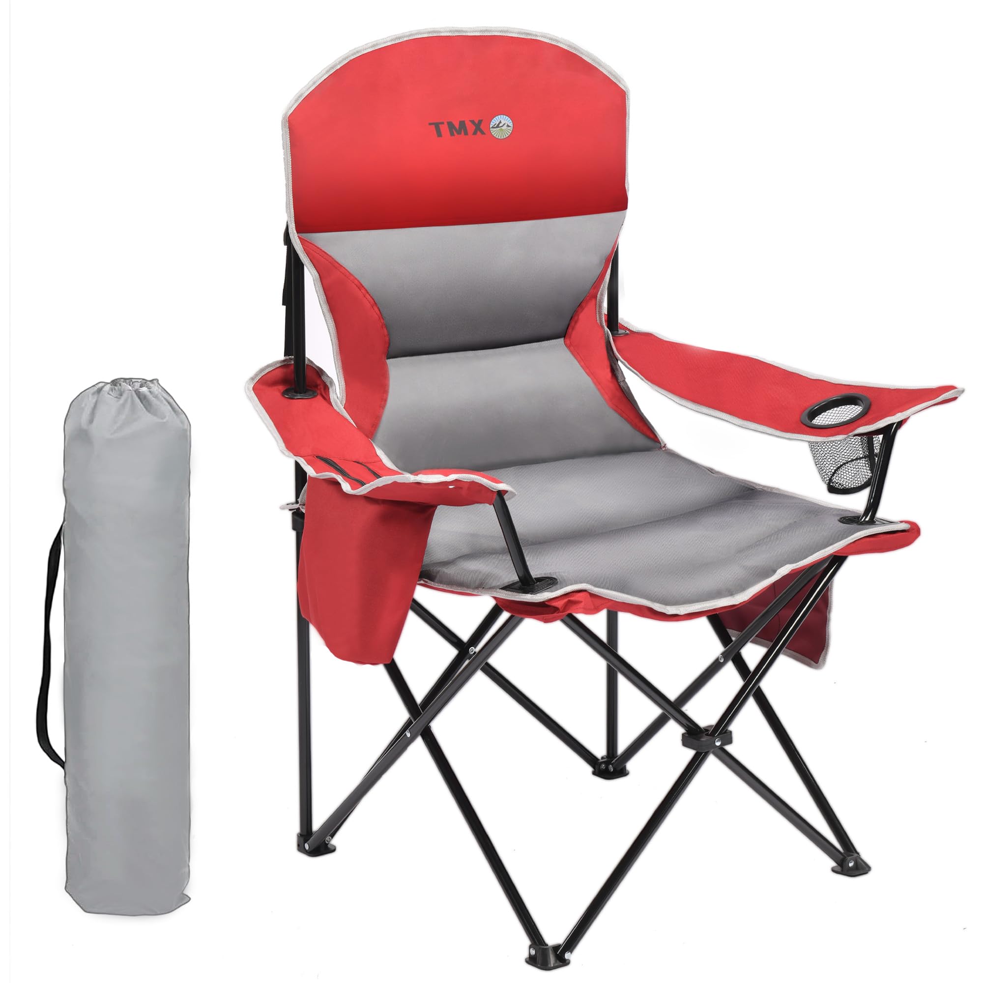 Portable Outdoor Folding Chair with Cup Holder & Cooler Bag - Breathable Mesh, Wide Armrests, Ergonomic Design for Camping, Beach, Backyard - Includes Storage Bag & Bottle Opener (Black/Green/Red)