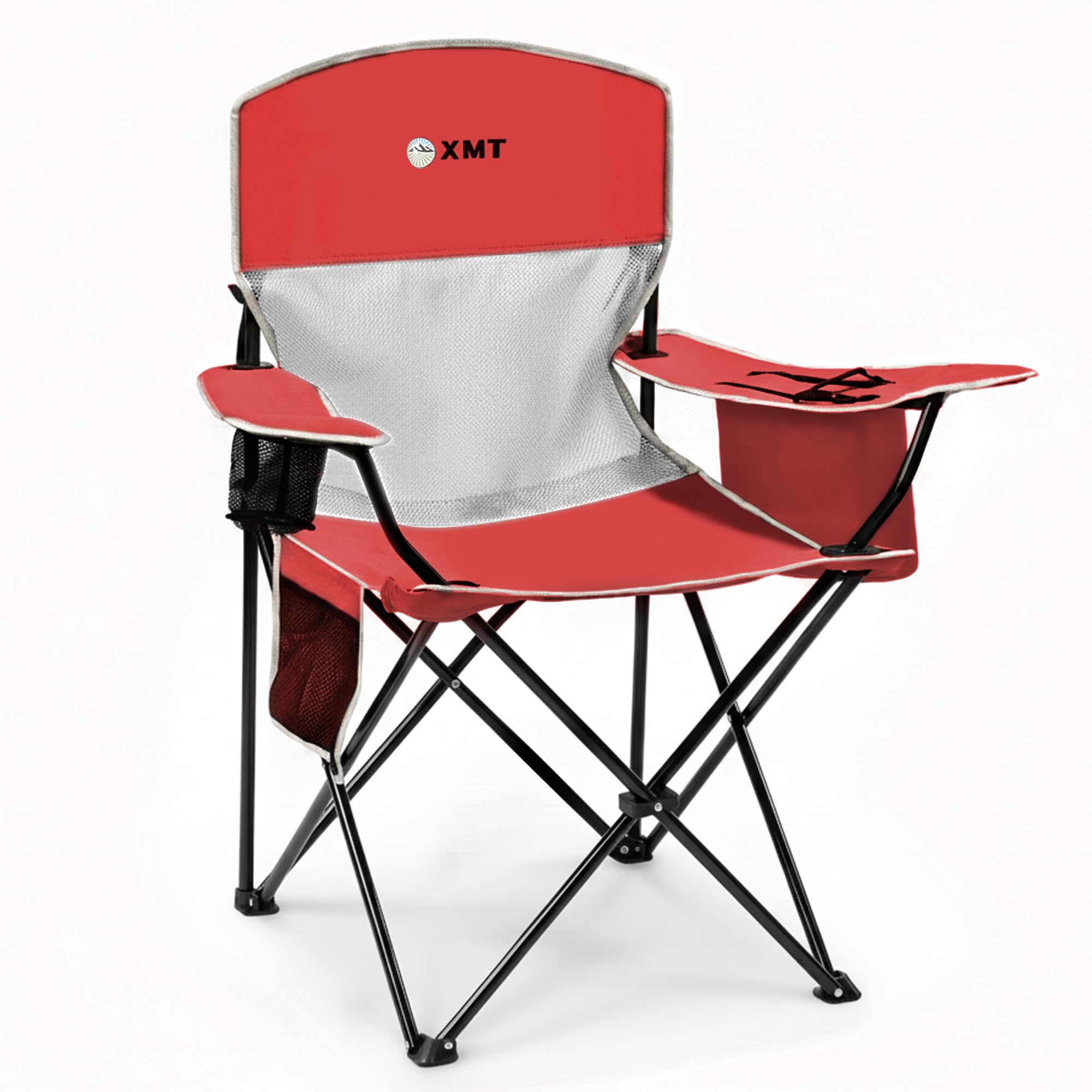 Portable Outdoor Folding Chair with Cup Holder & Cooler Bag - Breathable Mesh, Wide Armrests, Ergonomic Design for Camping, Beach, Backyard - Includes Storage Bag & Bottle Opener (Black/Green/Red)
