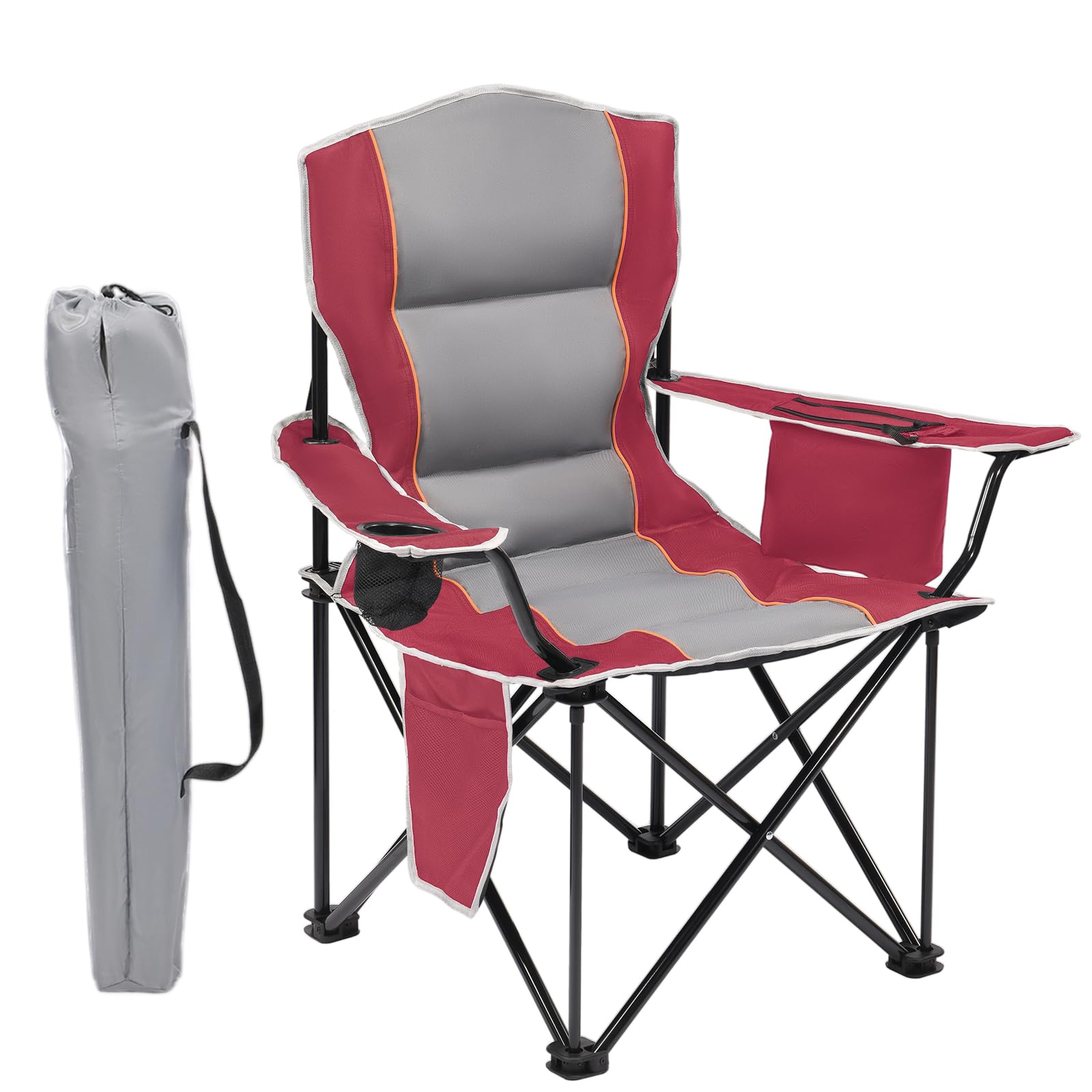 Portable Outdoor Folding Chair with Cup Holder & Cooler Bag - Breathable Mesh, Wide Armrests, Ergonomic Design for Camping, Beach, Backyard - Includes Storage Bag & Bottle Opener (Black/Green/Red)