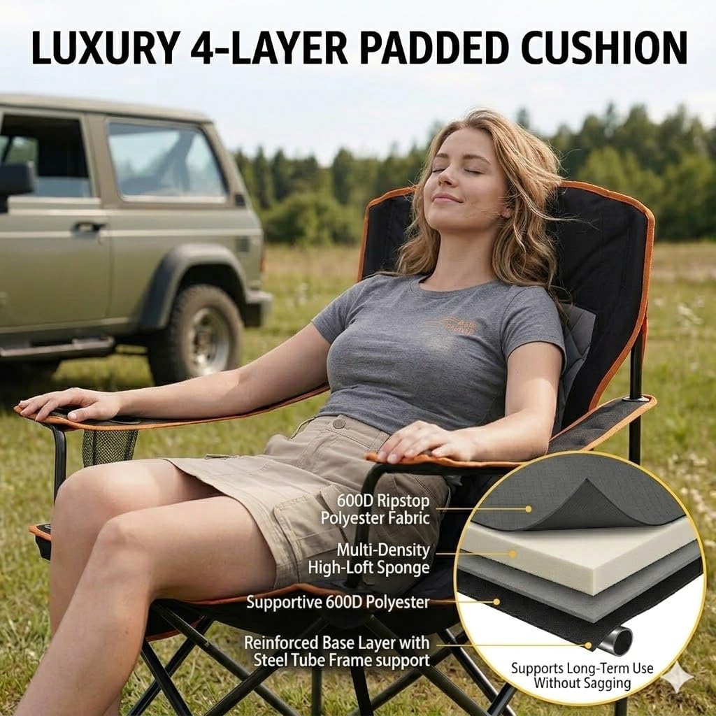 FAIR WIND 2 Pack Fully Padded Camping Chair 350LBS Capacity Heavy Duty Portable Chair with Cup Holder &Side Pocket Lawn Chair for Outside, Tailgating,Beach, Sports