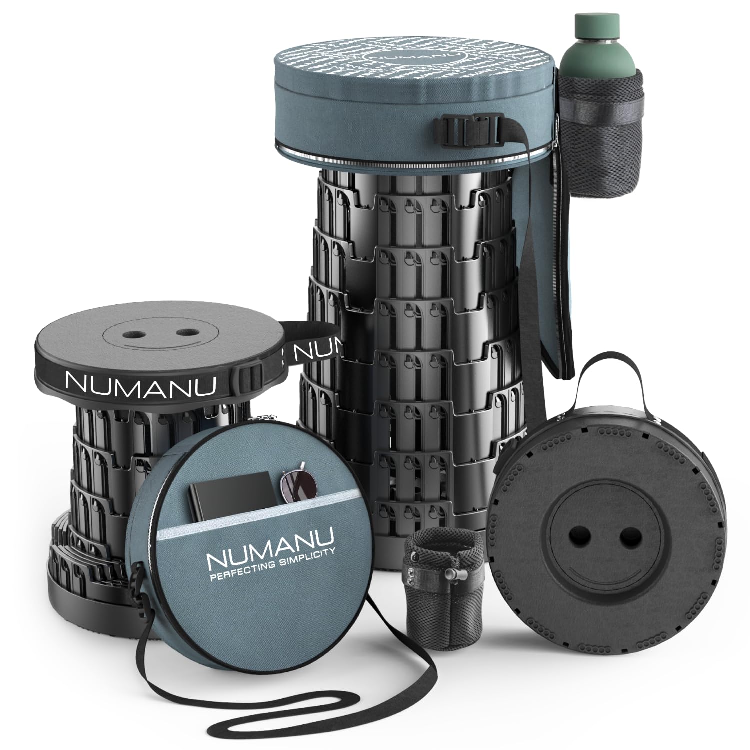 NUMANU 2026 Upgraded XXL Collapsible Stool & 3IN1 Cushioned Carry Bag, 2.7"-19.7" Height Adjustable, Max 1,000lbs Portable Retractable Telescoping Seat, Foldable Camping Stool for Adults (XXL Round)