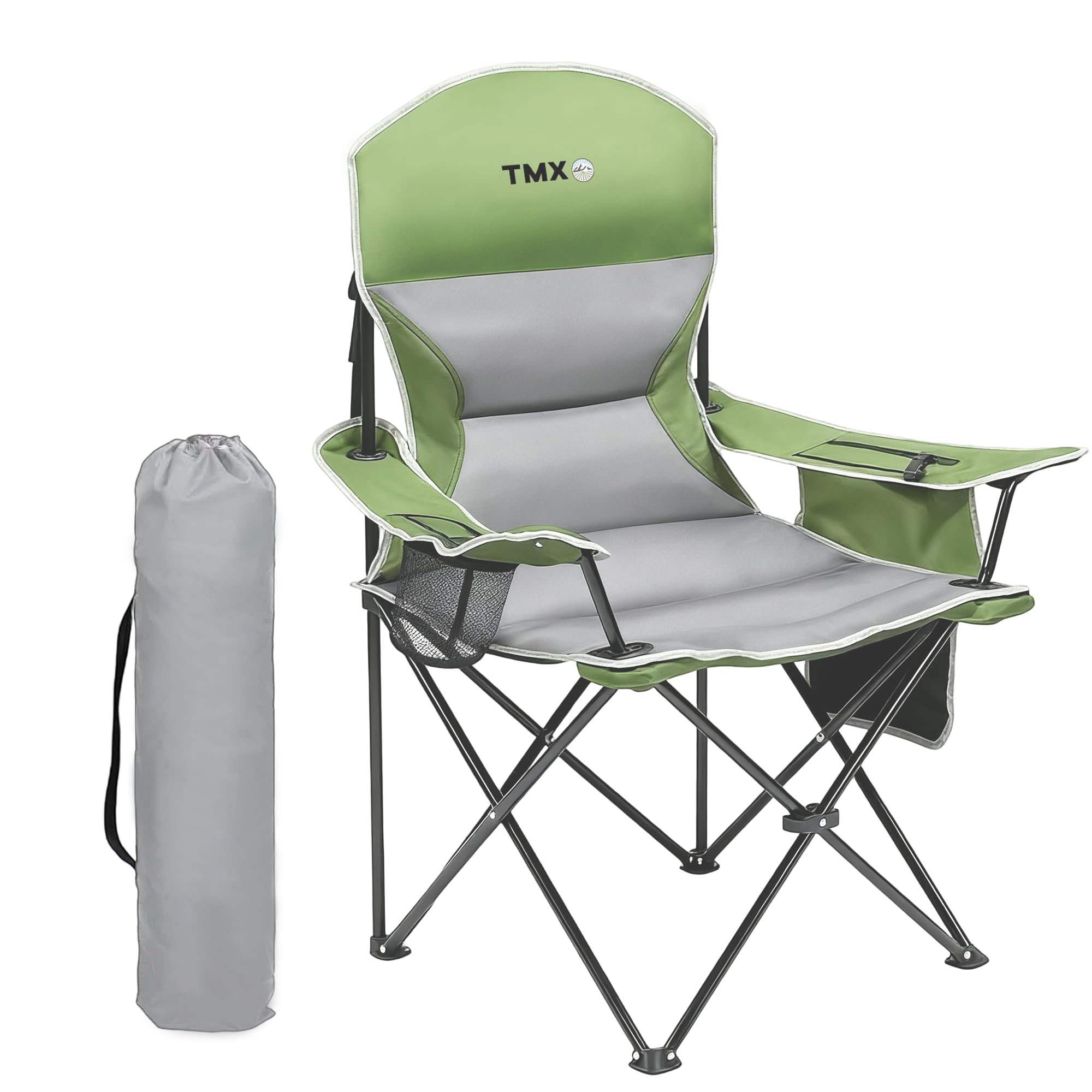 Portable Outdoor Folding Chair with Cup Holder & Cooler Bag - Breathable Mesh, Wide Armrests, Ergonomic Design for Camping, Beach, Backyard - Includes Storage Bag & Bottle Opener (Black/Green/Red)