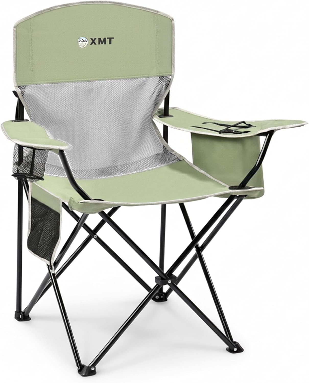 Portable Outdoor Folding Chair with Cup Holder & Cooler Bag - Breathable Mesh, Wide Armrests, Ergonomic Design for Camping, Beach, Backyard - Includes Storage Bag & Bottle Opener (Black/Green/Red)