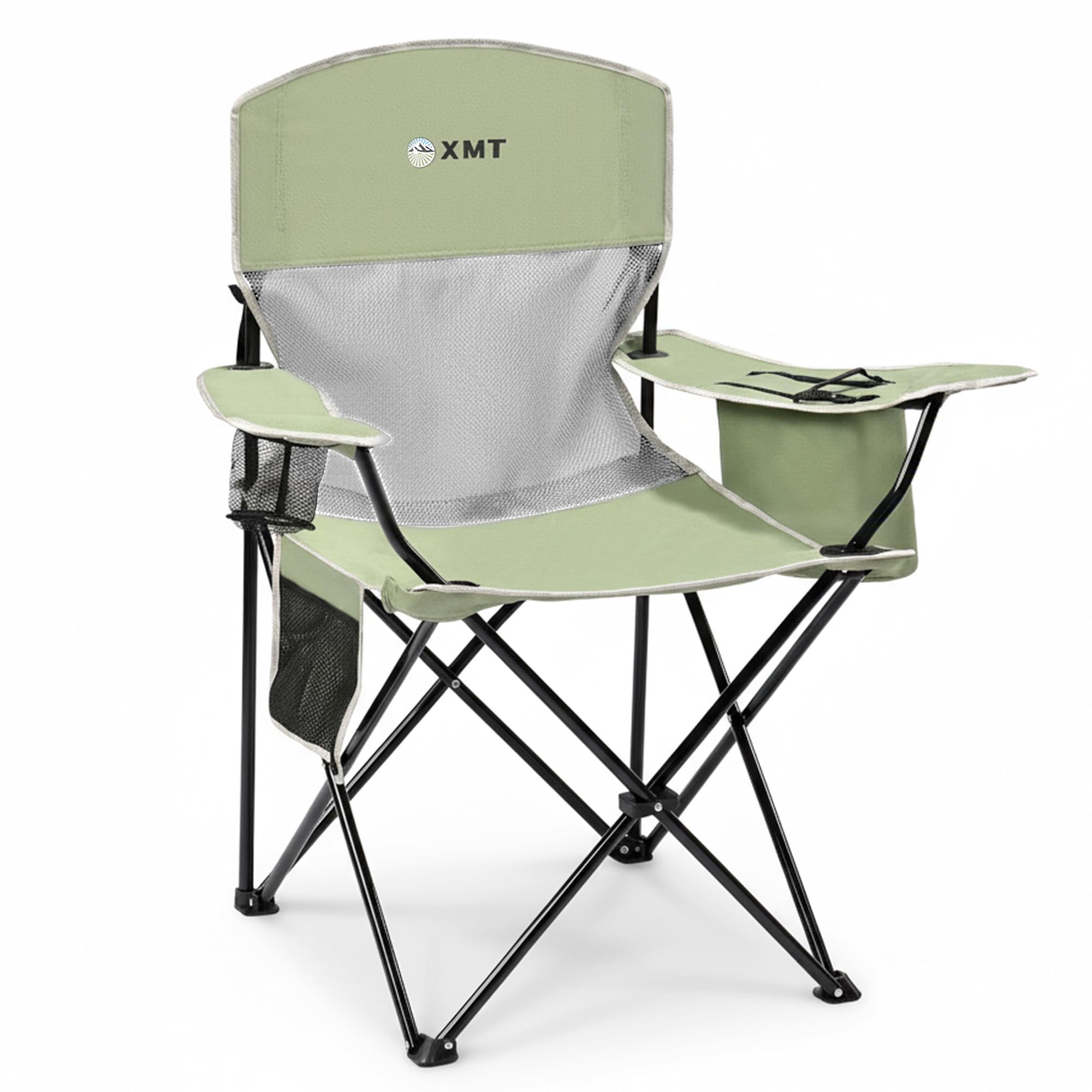 Portable Outdoor Folding Chair with Cup Holder & Cooler Bag - Breathable Mesh, Wide Armrests, Ergonomic Design for Camping, Beach, Backyard - Includes Storage Bag & Bottle Opener (Black/Green/Red)