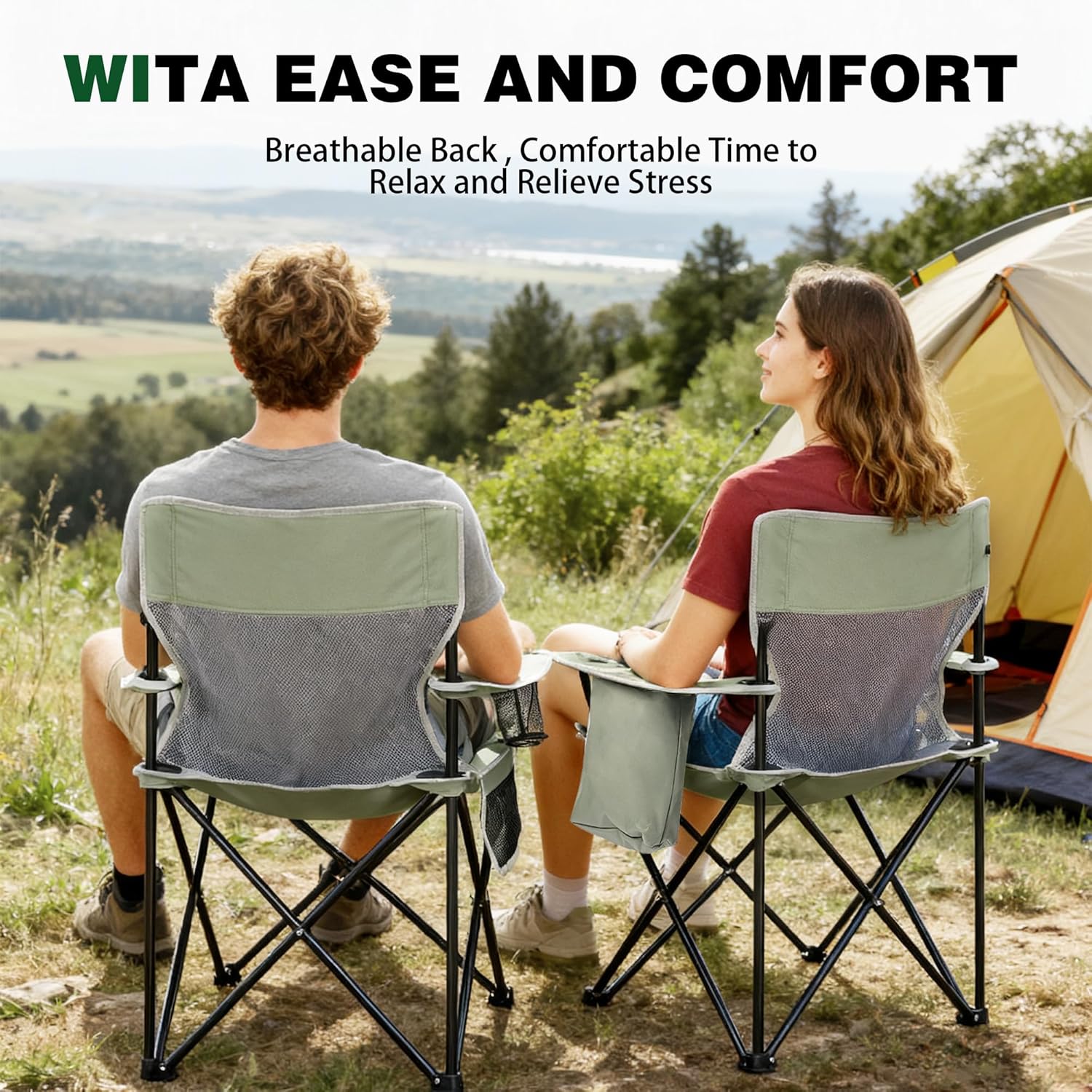 Portable Outdoor Folding Chair with Cup Holder & Cooler Bag - Breathable Mesh, Wide Armrests, Ergonomic Design for Camping, Beach, Backyard - Includes Storage Bag & Bottle Opener (Black/Green/Red)