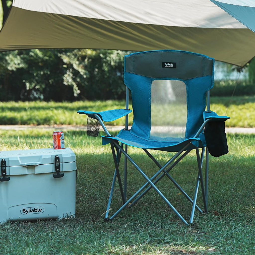 Camping Folding Chair Outdoor Lawn Portable Lightweight Camp Folding Chairs for Adult Outside with Cup Holder, Cooler Pouch & Side Pocket for Camping, Beach, Fishing, Sports or Tailgating Events, Blue