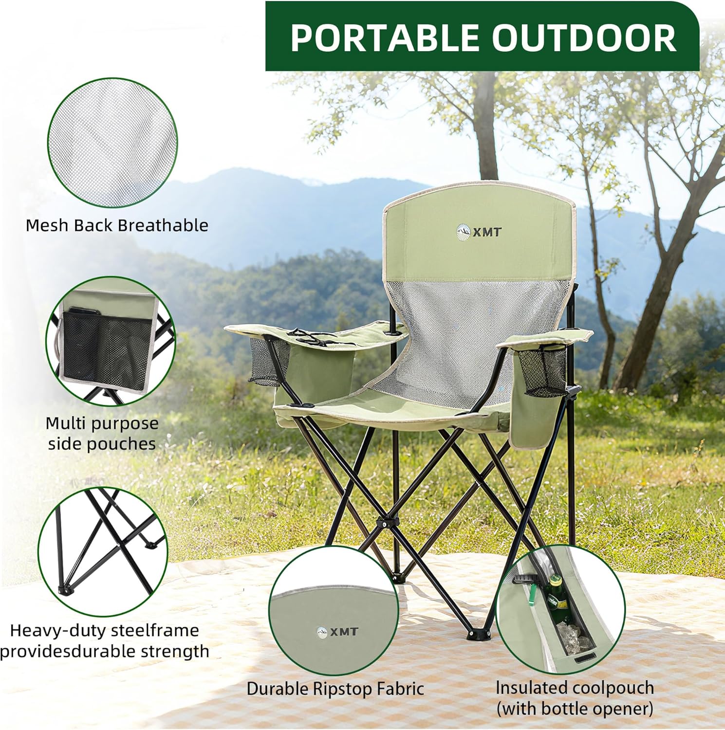 Portable Outdoor Folding Chair with Cup Holder & Cooler Bag - Breathable Mesh, Wide Armrests, Ergonomic Design for Camping, Beach, Backyard - Includes Storage Bag & Bottle Opener (Black/Green/Red)