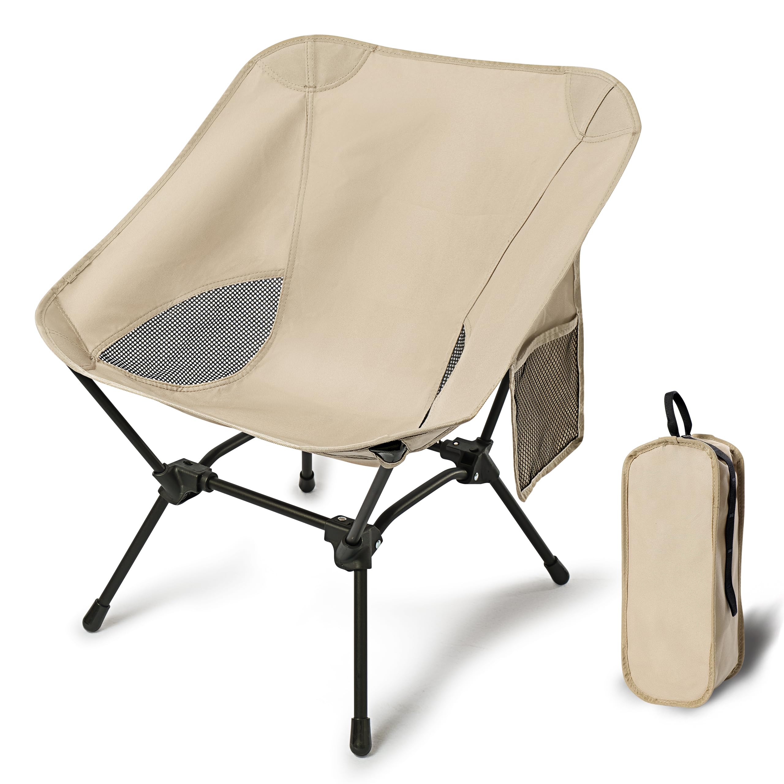 Lightweight Camping Chairs with Adjustable Height, Portable Camping Chairs for Adults with Carry Bag and Side Pockets, Folding Chairs for Outside for Camping, Beach, Fishing, Trip, Picnic (Khaki)