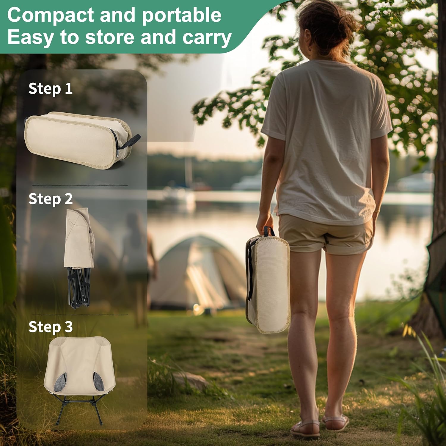 Lightweight Camping Chairs with Adjustable Height, Portable Camping Chairs for Adults with Carry Bag and Side Pockets, Folding Chairs for Outside for Camping, Beach, Fishing, Trip, Picnic (Khaki)