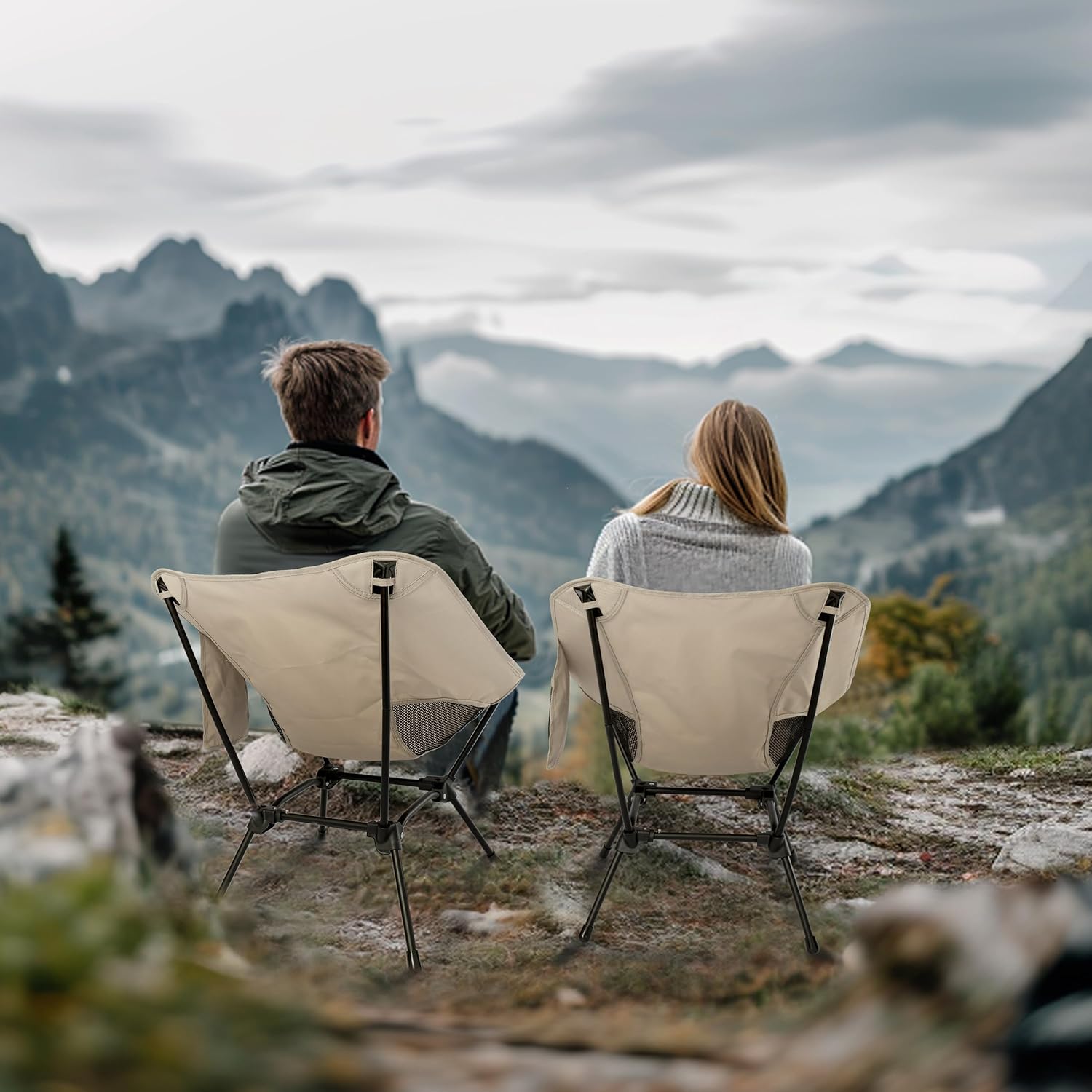 Lightweight Camping Chairs with Adjustable Height, Portable Camping Chairs for Adults with Carry Bag and Side Pockets, Folding Chairs for Outside for Camping, Beach, Fishing, Trip, Picnic (Khaki)