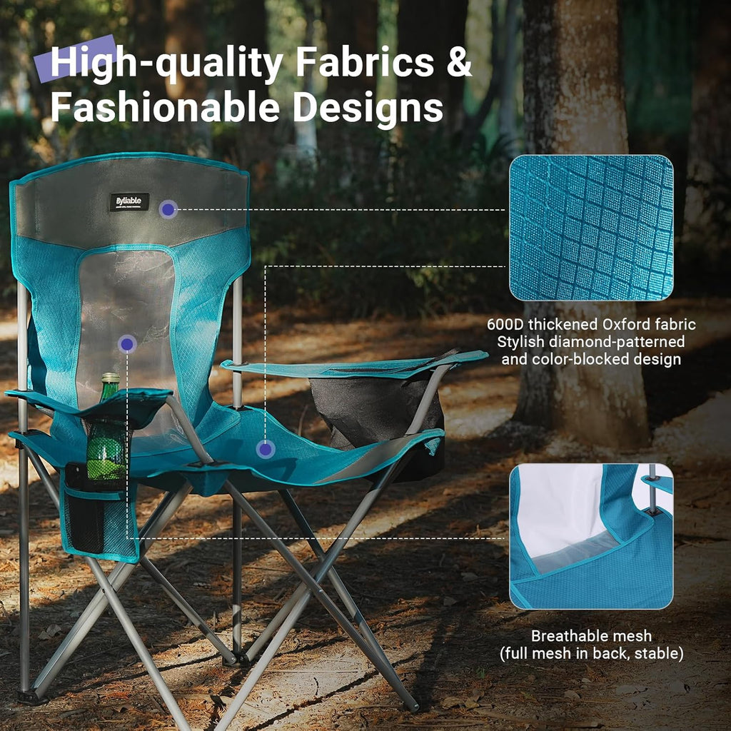 Camping Folding Chair Outdoor Lawn Portable Lightweight Camp Folding Chairs for Adult Outside with Cup Holder, Cooler Pouch & Side Pocket for Camping, Beach, Fishing, Sports or Tailgating Events, Blue