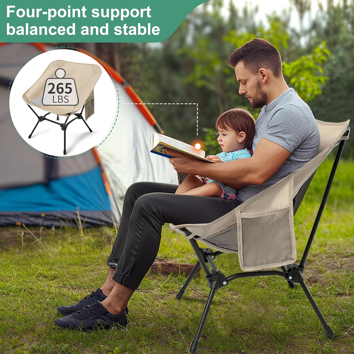 Lightweight Camping Chairs with Adjustable Height, Portable Camping Chairs for Adults with Carry Bag and Side Pockets, Folding Chairs for Outside for Camping, Beach, Fishing, Trip, Picnic (Khaki)