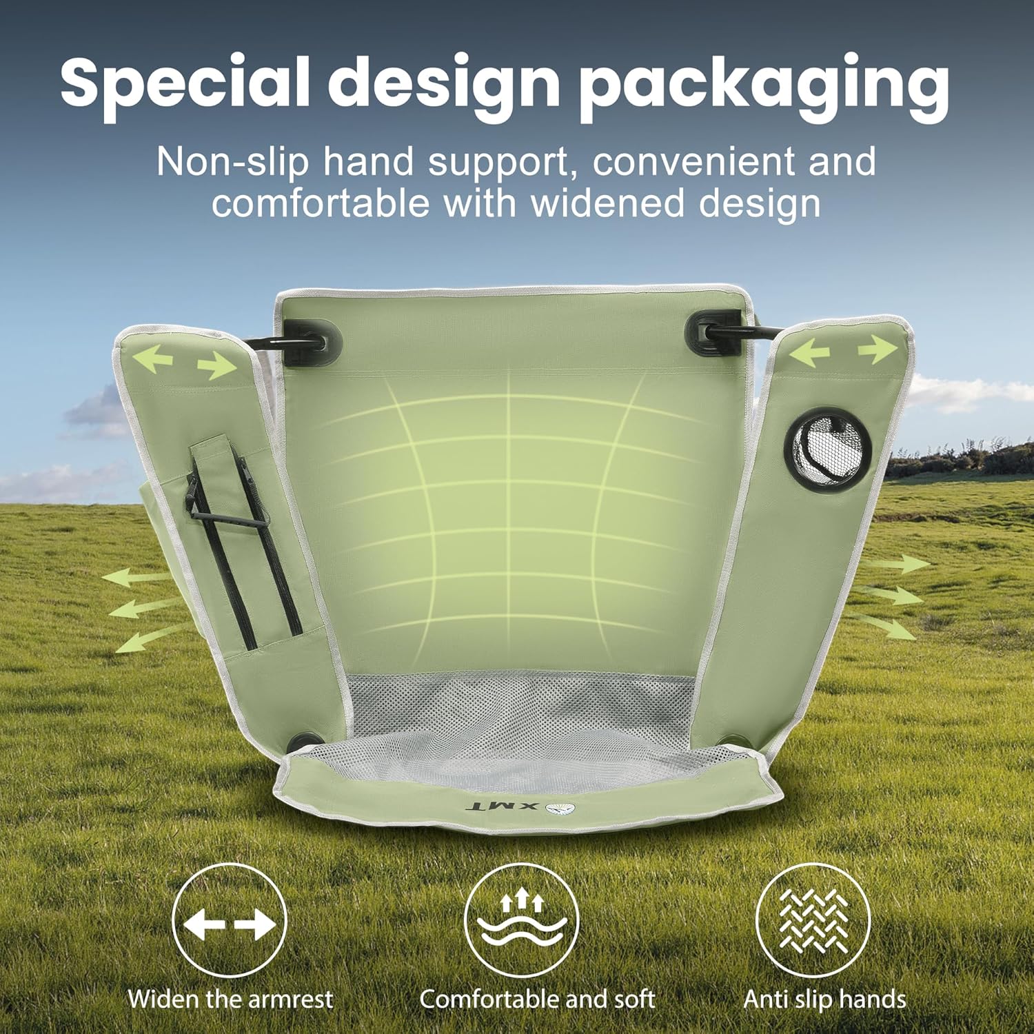 Portable Outdoor Folding Chair with Cup Holder & Cooler Bag - Breathable Mesh, Wide Armrests, Ergonomic Design for Camping, Beach, Backyard - Includes Storage Bag & Bottle Opener (Black/Green/Red)